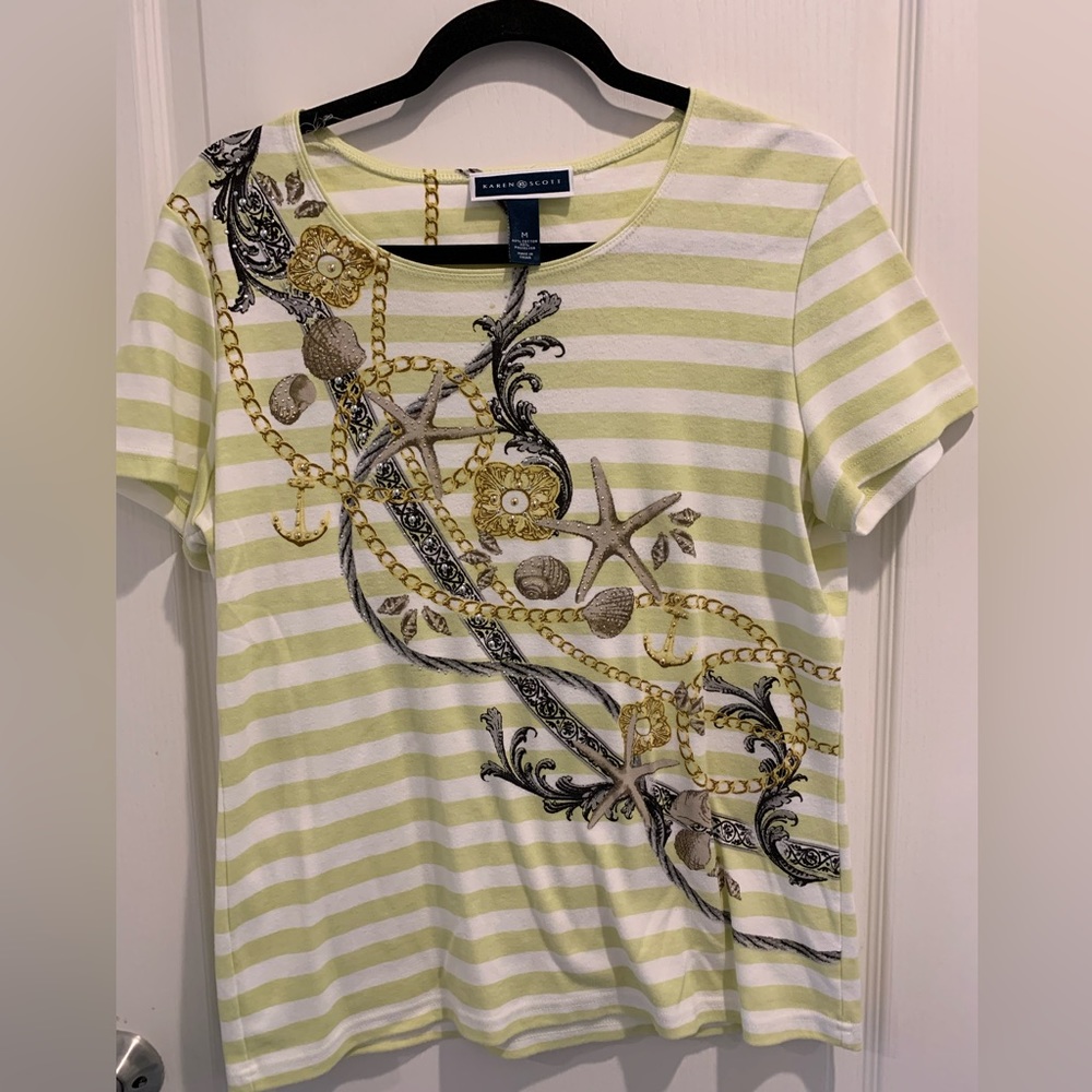 Karen Scott Womens Medium Sea Shell Short Sleeve Fitted Shirt Stripes Vacation